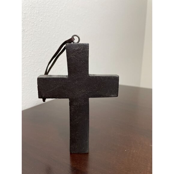 Vintage Hand-Carved Wooden Cross With Floral Brass Accent & Leather Strap - Picture 3 of 4